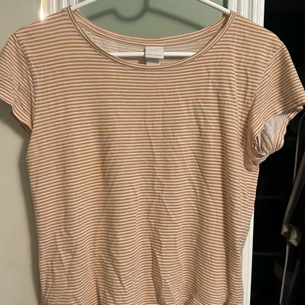 H&M Basics Tan Striped Short Sleeve Tee
